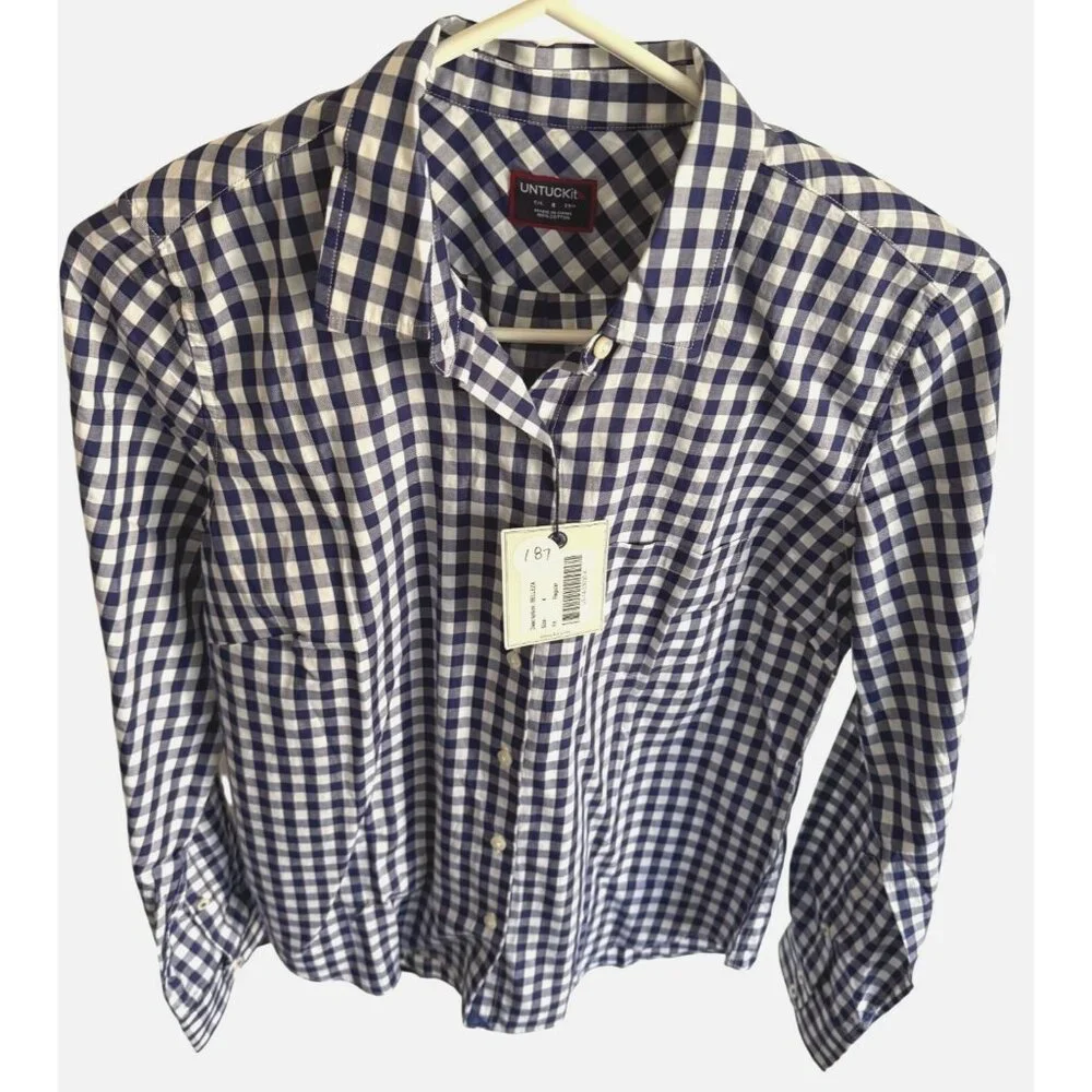 Untuckit Gingham Button Up Size 4 Blue White Check NWT Collared Women's